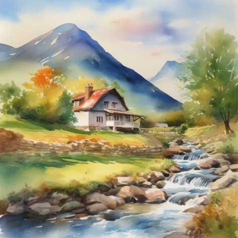 a watercolor painting, of a house in the countryside with a beautiful stream, and a mountain in the background, blue sky with beautiful clouds, colorful watercolor