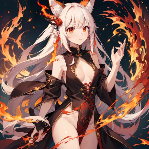 ((appearance))

		(Long hair with red and gold gradient。)
		(The eyes are a mixture of orange and red like flames。)
		(There are three tails、A flame is lit from the tip of each tail。)
(ears are long、pointed、The tips of the ears also glow like flames。)
(Dem...