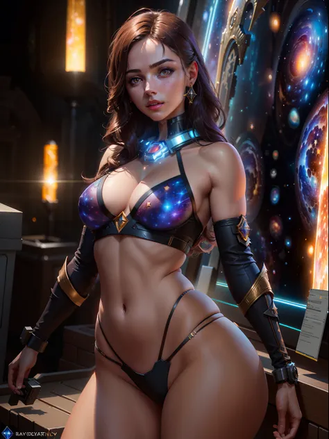 Highly detailed RAW color Photo, beautiful young girl, dynamic pose, (wide hips), (detailed skin), (detailed lips), showing bare private parts, (detailed eyes), (cosmic:1.4), (necropolis:1.1), (Sci-Fi setting) (detailed face), (curvy), detailed eyes, chrom...