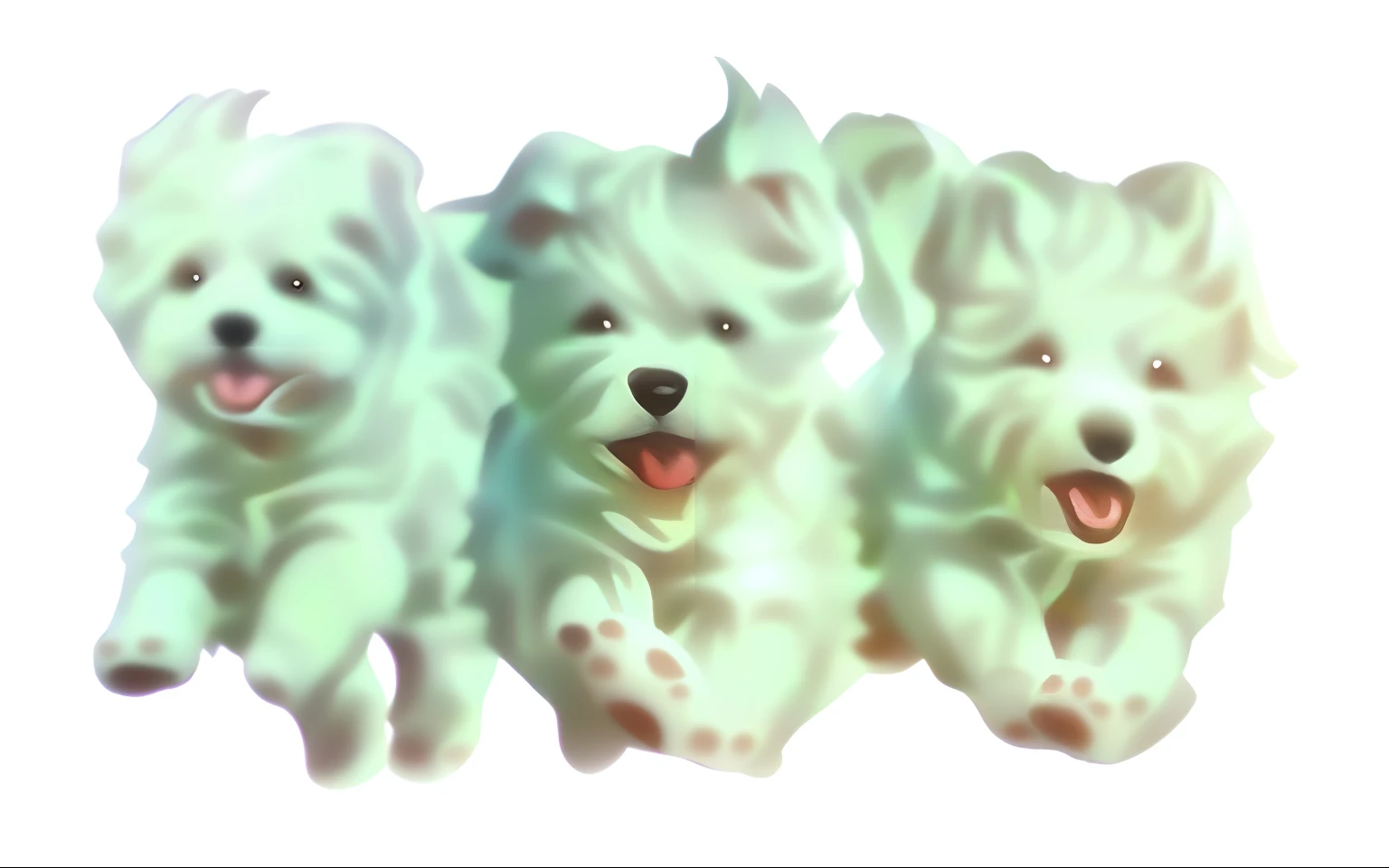 Three white dogs kept running with their mouths open, Dogs, jumping for joy, digital painted, jumping towards viewer, happy dog, Puppies, joyous, Correr libremente, horizontally leaping!!!, highly detailed photo of happy, Dynamic!!, everyone having fun, pu...