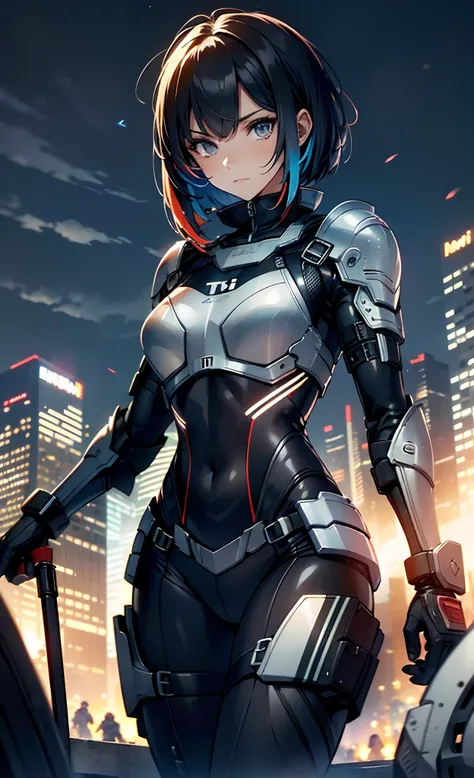 best qualityer，tmasterpiece，Ultimate resolution，downy，Extremely colorful，Colorful，Women combatants，a matural female，Black super short hair，Tight combat suit，tightsuit，Steel City background，the night，Normal posture，Normal posture