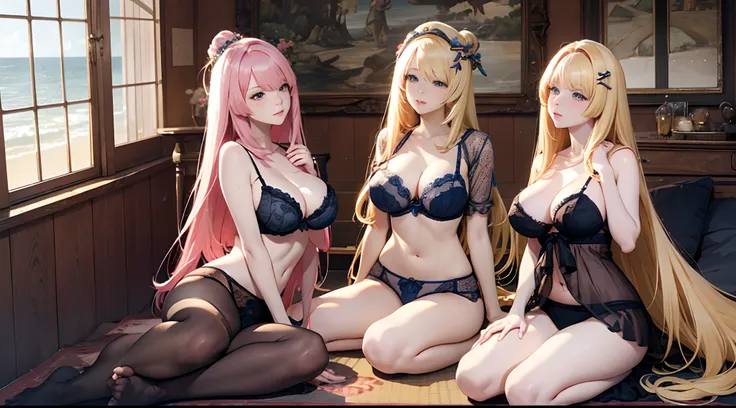 06
（Enrich the picture，Masterpiece level quality）Beautiful 8K CG artwork，Goddess-like posture，sittinng on the river，Postural exercises，Slim and soft，Translucent skin，Pink and yellow hair、The beauty of extra-long hair, Super Long Straight Hair，The skin is f...