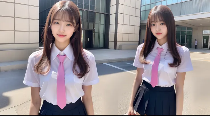 High school girl 18 years old in miniskirt, pink tie and white shirt