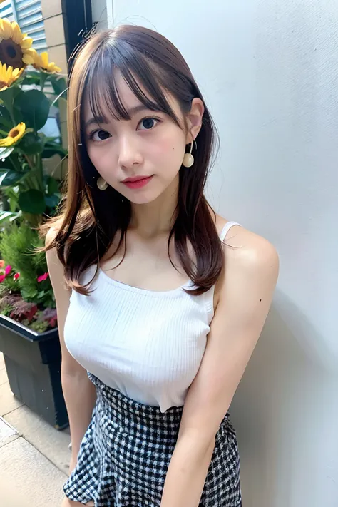 1 Girl Solo, Pretty little girl face, Wearing hoodie, wearing tube top, wearing skirt. Wearing high heels, earphones, Japanese Models, 25 years old, No makeup, middle breasts, in flower shop