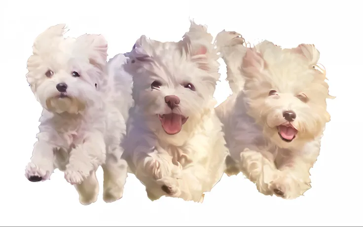 Three white dogs kept running with their mouths open, Dogs, jumping for joy, digital painted, jumping towards viewer, happy dog, Puppies, joyous, Correr libremente, horizontally leaping!!!, highly detailed photo of happy, Dynamic!!, everyone having fun, pu...