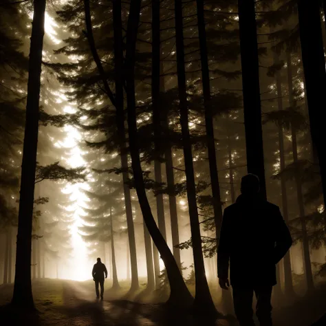 A silhouete of a man walking in a darkest forest