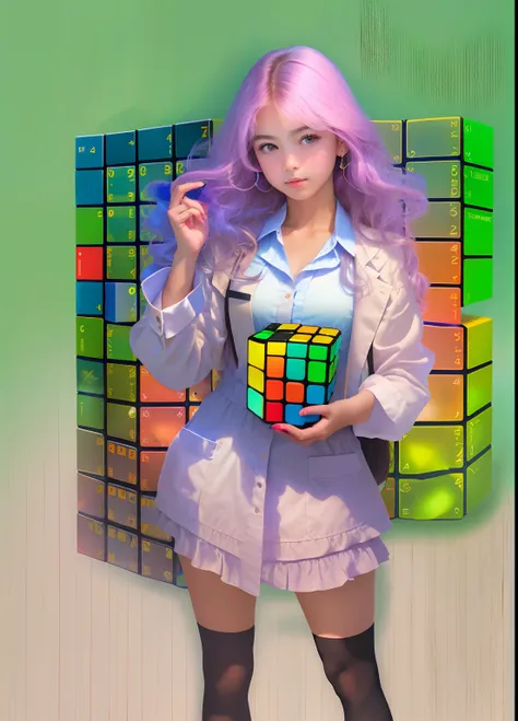 ((A girl standing)), ((corpo inteiro)), ((holding A transparent Rubiks Cube)), ((alta qualidade)), ((alta resolução)), foco no cubo, com raios saindo do cubo, tecnologia,