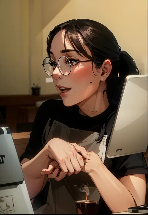 tmasterpiece,high qulity,one-girl,wears glasses,tie a ponytail,light smile,apply lipstick,black t-shirt,coffee-colored cloth bag...