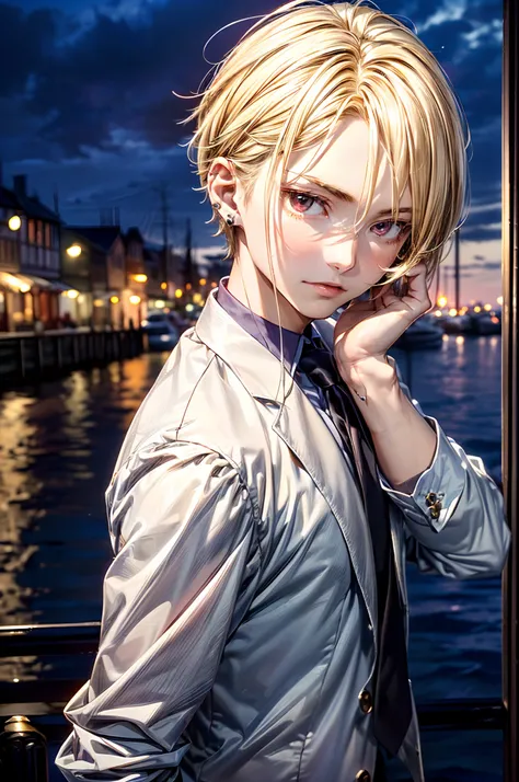 ((masutepiece: 1.4, Best Quality)), ((masutepiece, Best Quality)), Very short blonde hair、Red Eyes, (19-year-old young man:1.3), Delicate hair, real  face, Suit, (Touching the right ear with the right hand:1.2),Lots of piercings, The background is the harb...