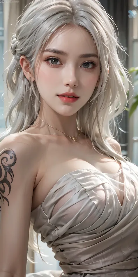 photorealistic, high resolution, soft light,1women, solo, hips up, shining skin, (detailed face),tattoo, jewelry, elegant dress, white hair, Beautiful Soldier, Eyes That Invite Viewer, Lovers Perspective, Inviting Expression, Sexy Smile, Perfect Style, Per...