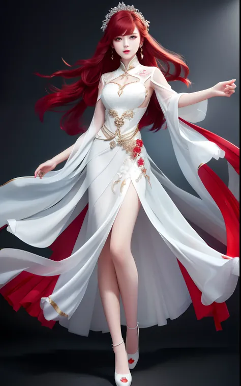 , best quality, masterpiece, high definition, 1 girl, porcelain dress, red hair, beautiful white dress, full body, with both hands outstretched left and right