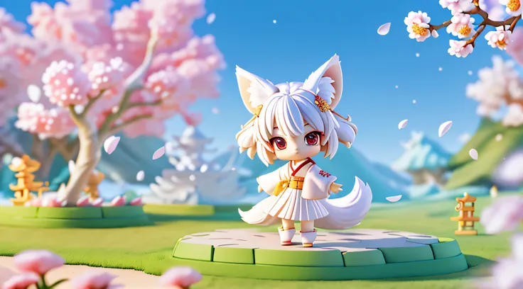 (((chibi 3d)))Fox girl, Short hair, White hair, Wolf ears, Red eyes, Detachable long sleeves, White kimono, Pleated miniskirt, Fox tail, Nine-tailed fox、Diffused sunlight, depth of fields, light particules, strong winds,
Blue sky, Shrines, stone steps, wit...