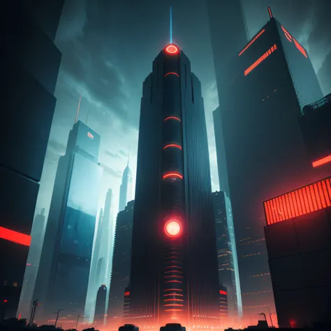 A city of the future, There are many tall buildings with flashing red and blue spotlights, Light pollution is serious, There are almost no plants。There are a lot of flying motorcycles in the sky。, Ghibli-like colours, Cubist Futurism, chiaroscuro, partiall...