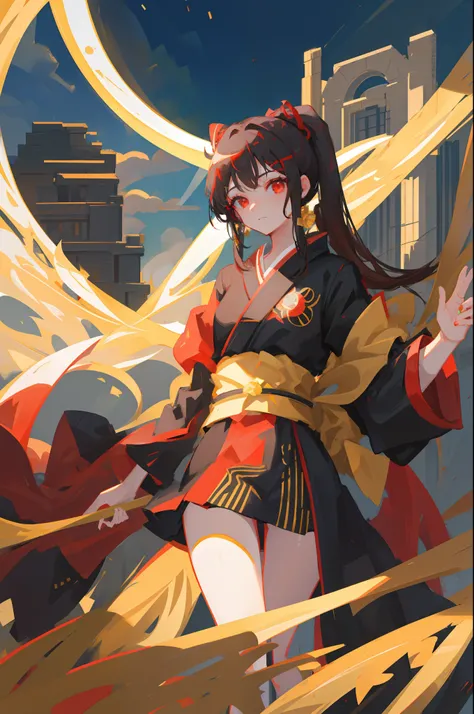 teens girl，brunette color hair，red - eyed，Princess cut，Qi bangs，High ponytail，black kimono，themoon，gold fish，and the wind，full bodyesbian