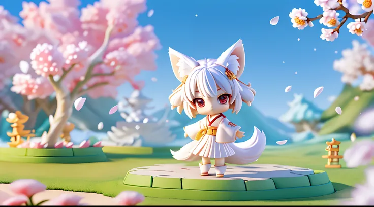 (((chibi 3d)))Fox girl, Short hair, White hair, Wolf ears, Red eyes, Detachable long sleeves, White kimono, Pleated miniskirt, Fox tail, Nine-tailed fox、Diffused sunlight, depth of fields, light particules, strong winds,
Blue sky, Shrines, stone steps, wit...