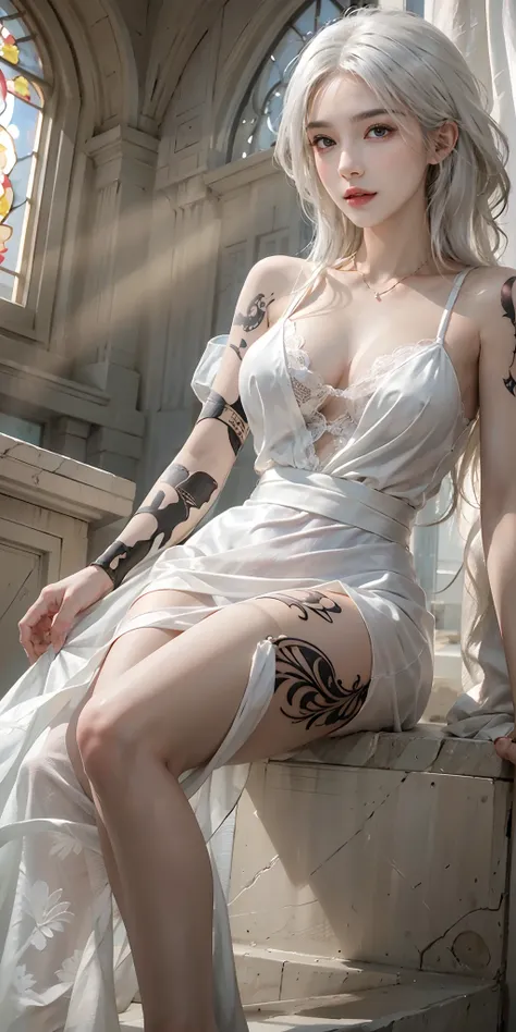 photorealistic, high resolution, soft light,1women, solo, hips up, shining skin, (detailed face),tattoo, jewelry, elegant lace dress, white hair, Beautiful Soldier, Eyes That Invite Viewer, Lovers Perspective, Inviting Expression, Sexy Smile, Perfect Style...