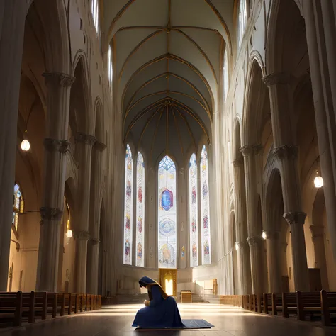 mulher arafed sentada em uma igreja com um manto azul, kneeling in prayer, mary in a sanctuary, em uma grande catedral, kneeling at the shiny floor, ajoelhado e olhando para cima, in a sanctuary, no altar, praying, taken with sony a7r camera, standing in a...