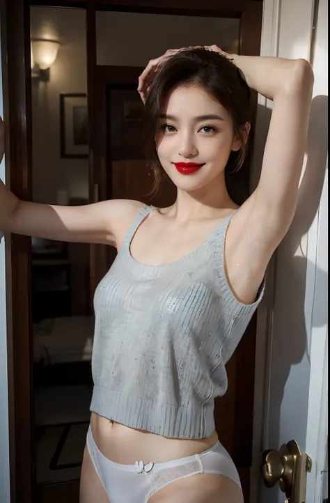 ((Show underarms、A hyper-realistic、Armpit、Detailed armpit wrinkles、Detailed armpit pores、Realistic armpit skin、Black armpit skin、Black armpits、showing your whole body、Turn your body to the viewer、White small sexy panties、Stand inside the front door of the ...