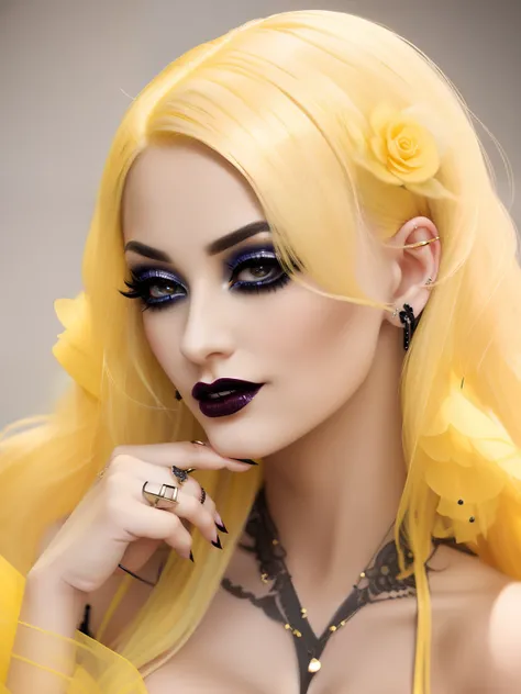 "flirtatious femme fatale with yellow hair and rings on her fingers, thin eyebrows, Eyelashes are painted with mascara,Delicate gothic blonde makeup"