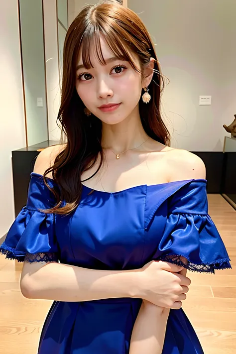 Best quality, masterpiece, 1 Girl Solo, Pretty face, Wearing an off-shoulder lace dress, Japanese Models, 25 years old, No makeup, watching artworks in art museum