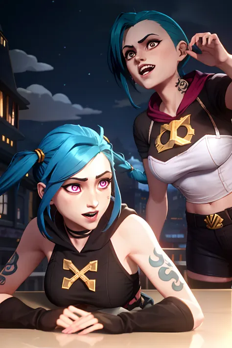 Arcane style，1girl，arm tattoos，asymmetricalbangs，By bangs，blue hairs，pigtails，（Long black stockings，oversized boobs，hoody），cloud tattoo，looking at viewert，laughingly，frenzied，Uncontrollable laughter，Crazy look，the night，城市，Green hair，long whitr hair，Mid-ab...