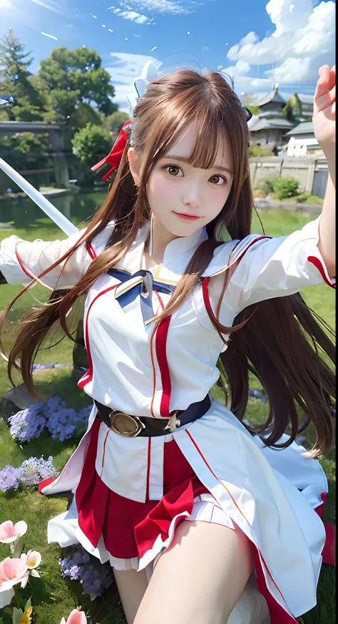 Asuna、The sword、Weapon Bearer、robe blanche、s Armor、floated hair、a red skirt、sword holding、outstretched arm、top-quality,lawn、blue-sky、suns、cowboy  shot、look at viewr、cute little、japanes、a picture、hi-school girl