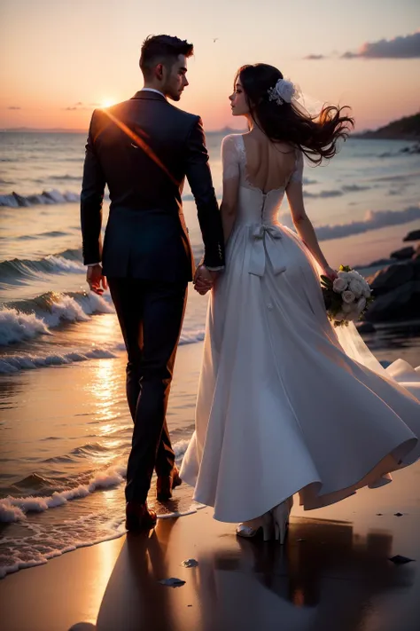 exterior wedding dress sunset holding hands cinematic warm colors wedding dress suit sea