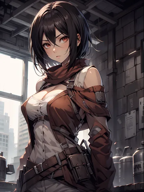 mikasa_ackerman，solo person，byself，off-the-shoulder clothing，muscline，cleavage，nabel，open waist