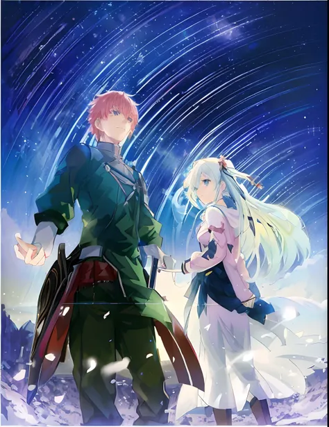 Anime couple in the snow，There are stars in the sky, anime still film anime shikishi, An anime cover, light novel cover art, arte koto no ha no niwa, Epic light novel cover art, anime style like fate/stay night, visual novel key visual, Epic light novel ar...