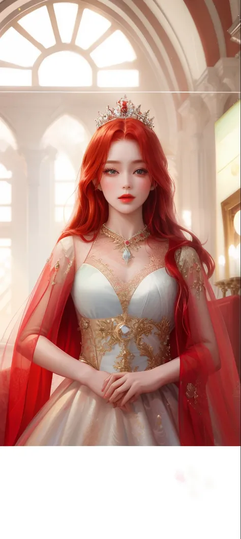 , best quality, masterpiece, high definition, 1 girl, porcelain dress, red hair, beautiful princess dress, full body, with both hands outstretched left and right