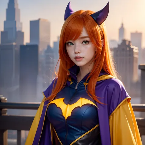 Foggy city。There is a warm dawn，And bats flying。Very beautiful orange haired girl，with freckles，green-eyed，With a bat hood。Dressed in a blue-purple hero costume，There is also a yellow bat symbol on the chest，Yellow cloak