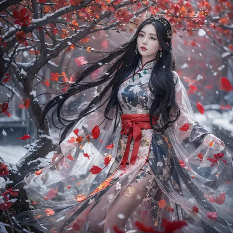 32K（tmasterpiece，k hd，hyper HD，32K）Long flowing black hair，ponds，zydink， a color，  Xuzhou people （Seduce girls）， （Red scarf in the snow）， Combat posture， looking at the ground， long whitr hair， Floating hair， Carp pattern headdress， Chinese long-sleeved si...