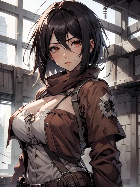 Mikasa_ackerman，one-girl，soio，比基尼，Large breasts，Solo，Mikasa_ackerman，Off-the-shoulder attire，musculature，cleavage