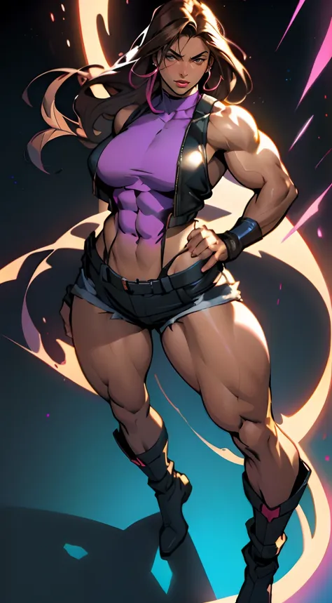 35-year-old woman, (masterpiece), (Best Illustration), high resolution, (muscular thighs: 1.6), (Gigantic Breasts: 1.0), (hanging breasts: 1.5), (wide hips: 1.3), (((no abs))), chubby tummy, soft belly, no pants, cut-off shorts, sleeveless jacket, leotard,...