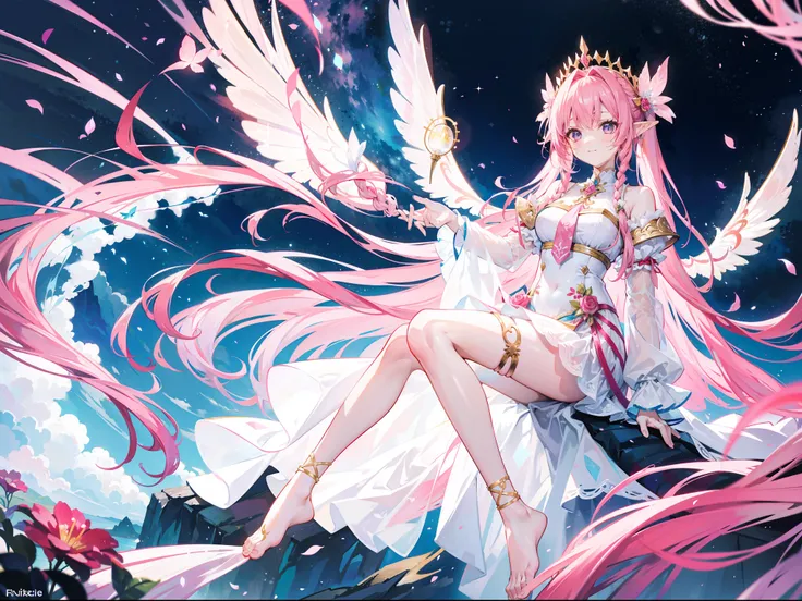 A beautiful pink-haired girl，Extremely long hair，Tie-double twisted braids，The hair color is white and pink，He wears a golden hairpin，Wear florets on each side，Wearing a white sheer gauze dress，The lower body is wearing white stockings，without wearing shoe...