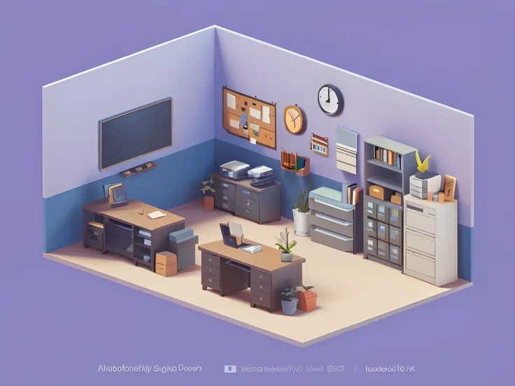 Alafard office with desk, Computer, printer, and a clock, isometric 8k, Detailed 2D illustration, office backdrop, Isometric art, isometric 3d render, 2 d illustration, 2D illustration, 2d matte illustration, isometric illustration, 3D illustration, 3 D 插图...