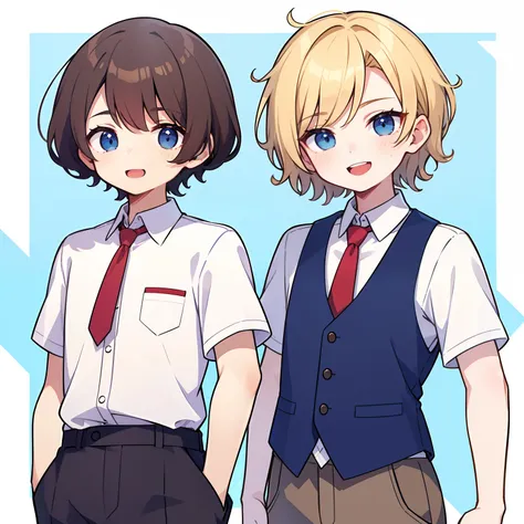 superfine illustration,Animated,1boy, Yaoi,School,Guy,man,Mans,Short hair,Curly hair,Parted bangs,Blonde hair,Short sleeve,half-pants,Brown pants,Smile,Blue eyes,White skin,White shirt,Red tie,Two back teeth,hitornfreckles, superfine illustration,Animated,...