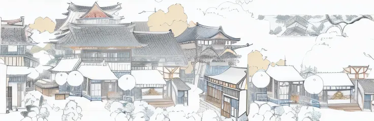 Drawings of a building with many windows, Architectural illustration, inspired by Katsukawa Shunsen, inspired by Tōshi Yoshida, A digital rendering, european japanese buildings, inspired by Watanabe Shōtei, Japanese style houses, full - view, Inspired by Y...