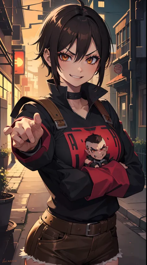 Adult woman, fangs, Orc, short brown hair, Punk hairstyle, Brown eyes, ciberpunk, The Monk of Street Fighting, brawn, smirk, Masterpiece, hiqiquality