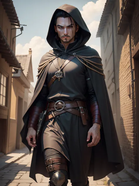 (((masterpiece, Best Quality, Ultra-detailed))), (proficient male assassin, walk, looking down forward, solo, unapproachable vibe, expressionless, serious, Perfect fingers, Perfect hands), 35 years old, (medieval assassin costume, hooded assassins cloak), ...