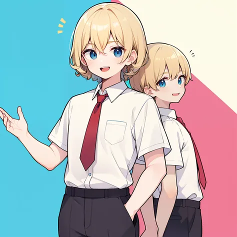 superfine illustration,Animated,1boy, Yaoi,School,Guy,man,Mans,Short hair,Curly hair,Parted bangs,Blonde hair,Short sleeve,half-pants,Brown pants,Smile,Blue eyes,White skin,White shirt,Red tie,Two back teeth,hitornfreckles, superfine illustration,Animated,...