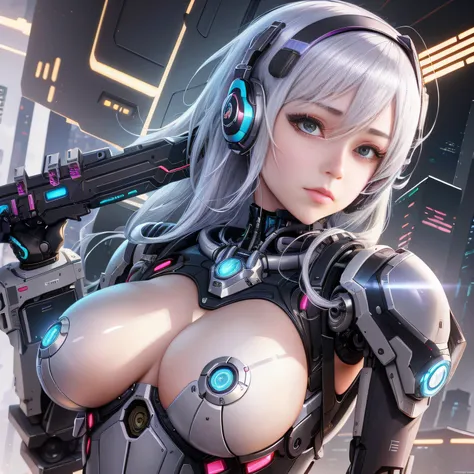 anime girl with a gun and headphones on, cute cyborg girl, biomechanical oppai, cyborg - girl with silver hair, perfect anime cyborg woman, cyberpunk anime girl mech, perfect android girl, digital cyberpunk anime art, beutiful white girl cyborg, oppai cybe...