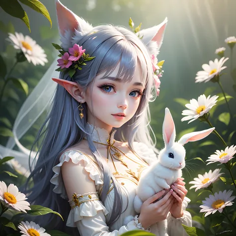 Fairy with very beautiful face, Vivid and bright colors, Full of joy, Very delicate, Very dense, Surrounded by many flowers, 8K，Raise a cute white rabbit with both hands，Live wallpaper