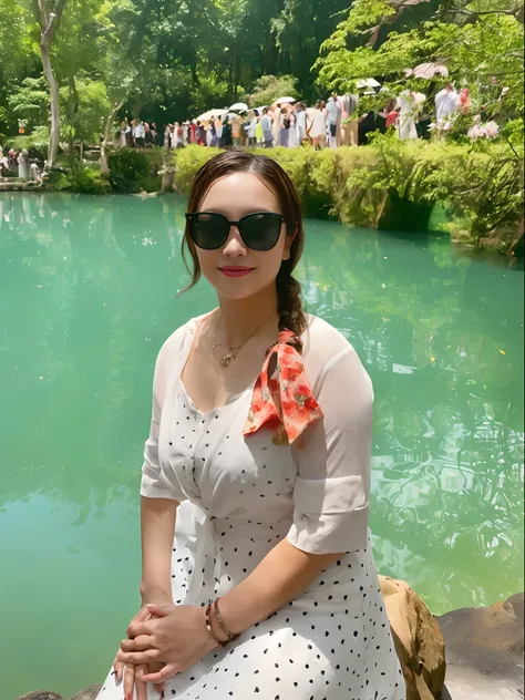 There was a woman sitting on a rock near the pond, photograph taken in 2 0 2 0, waterfall in background, standing next to water, vacation photo, river in the background, On a sunny day, Lake in the background, in lake, Gorgeous lady, beautiful lady, waterf...