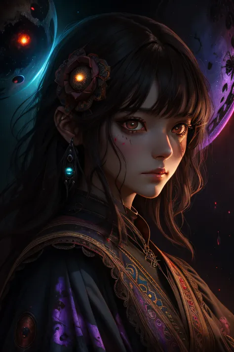 (dark brown eyes)、psychedelic, Horror, Bloody, Scary, Spooky, Fantasy space, Multiple planets, Fantasy Galaxy, 1girl in, Portrait, Beautiful, psychedelic goddess, Rainbow Light, Magical, High-quality illustrations, Lautrec、mystical、Mysterious