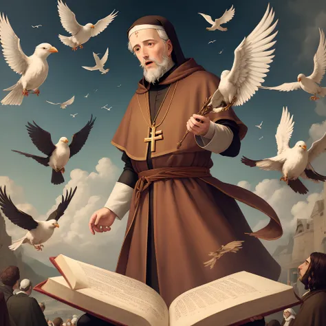 Apostle Francis of Assisi with the Bible and flying birds