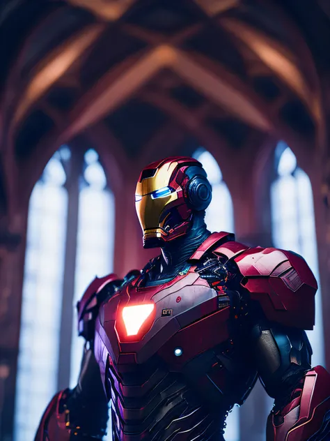 Gloomy portrait of Iron Man from Marvel，Various complex and heavy modules have been installed，In Fauvist architecture、Gothic brutalist cathedral、cyber punk perssonage、Award-winning photos、bokeh、neonlight、Intricate angular cybernetics implants implanted in ...