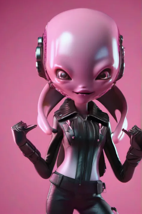 Create an alien being with a female and funny body, the body color must be pink and must be smiling. Must be wearing rock n roll clothing, leather pants and biker style leather jacket. The character must have four arms playing a keyboard. The character mus...