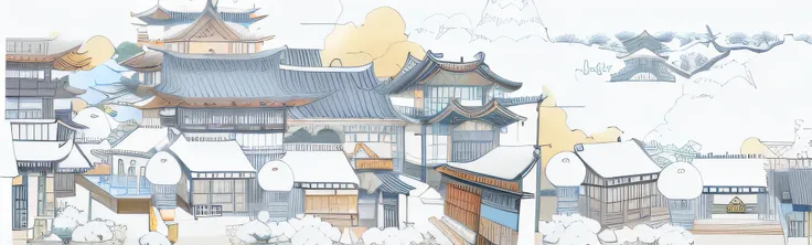 Drawings of a building with many windows, Architectural illustration, inspired by Katsukawa Shunsen, inspired by Tōshi Yoshida, A digital rendering, Chinese-style architecture, inspired by Watanabe Shōtei, Chinese-style house, full - view, Inspired by Yosh...