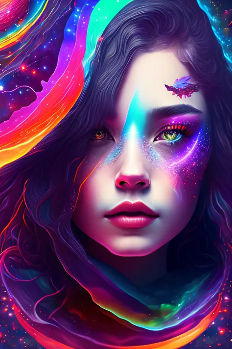 psychedelic, Horror, Bloody, Scary, Spooky, Fantasy space, Multiple planets, Fantasy Galaxy, 1girl in, Upper body, Portrait, Beautiful, psychedelic goddess, Rainbow Light, Magical, masutepiece, High quality, 4K,